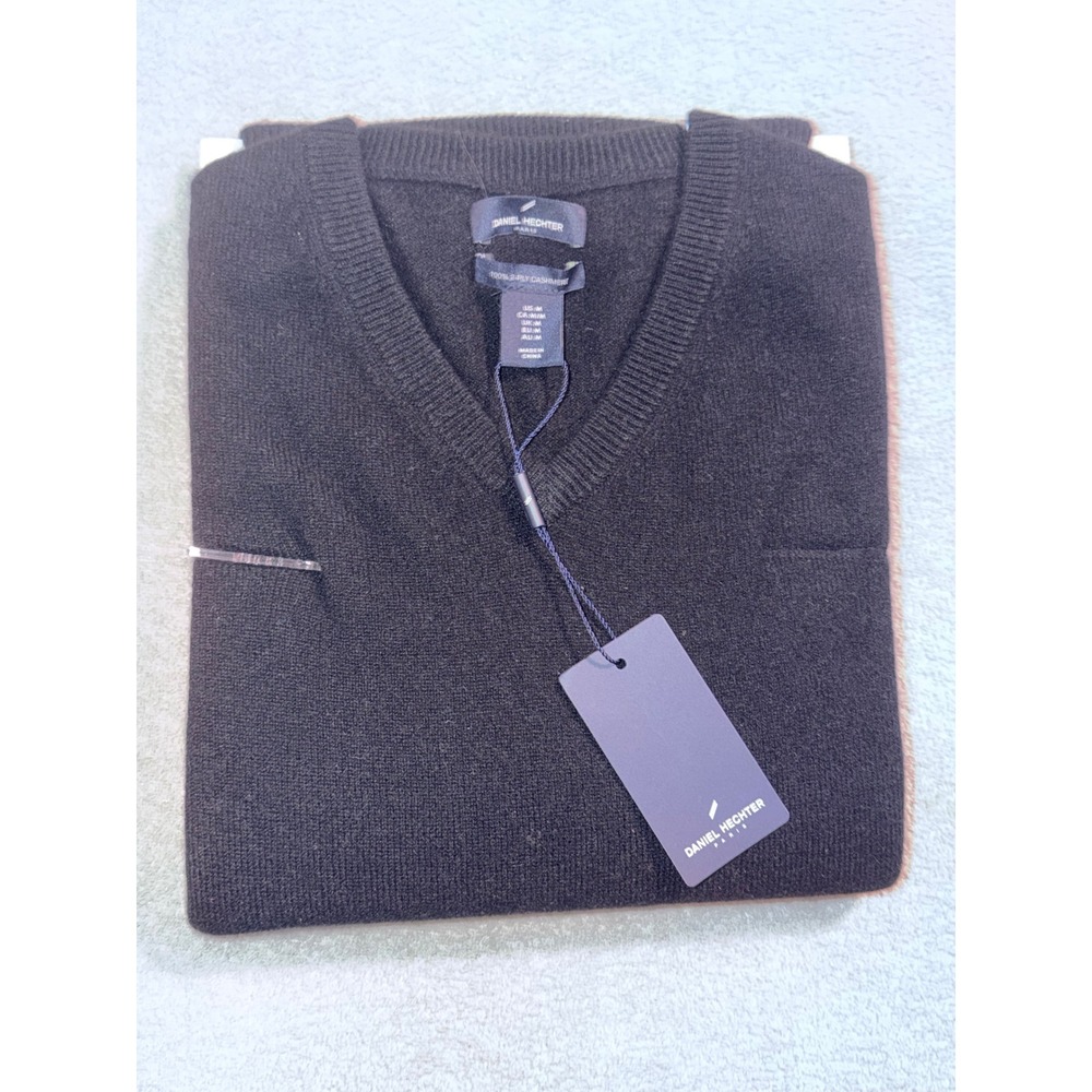 Daniel Hechter Paris Mens Medium Black 100% 2-Ply Cashmere V-Neck Sweater NWT